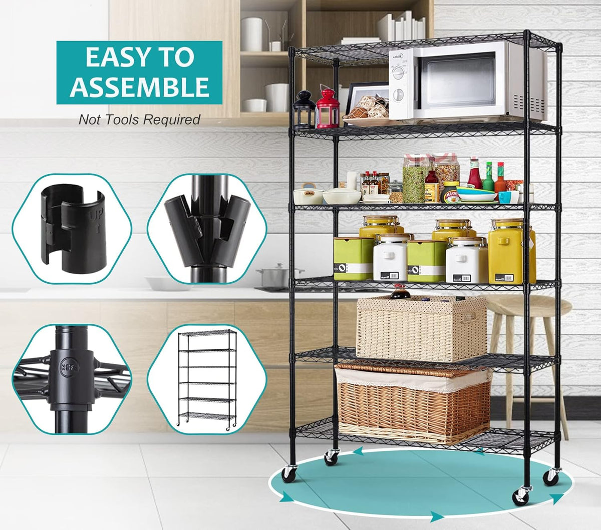 6 Tier Wire Shelving Unit, NSF Heavy Duty Height Adjustable Metal Shelving with Wheels, 18"x48"x82" Black C56091