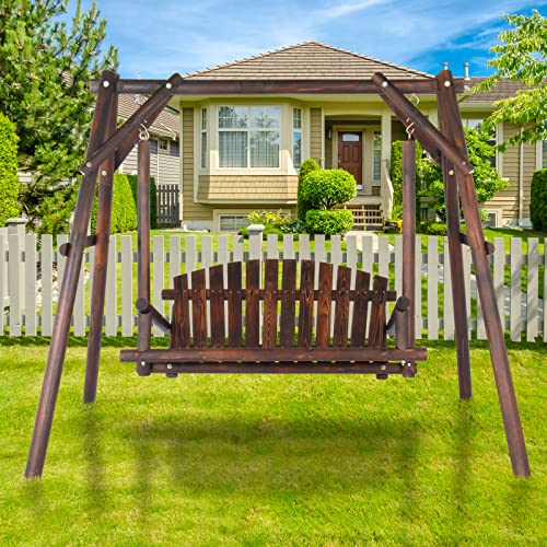 6.5' Outdoor Porch Swing Rustic Loveseat Solid Wooden Natural Log Garden Swing (Carbonized) R8192