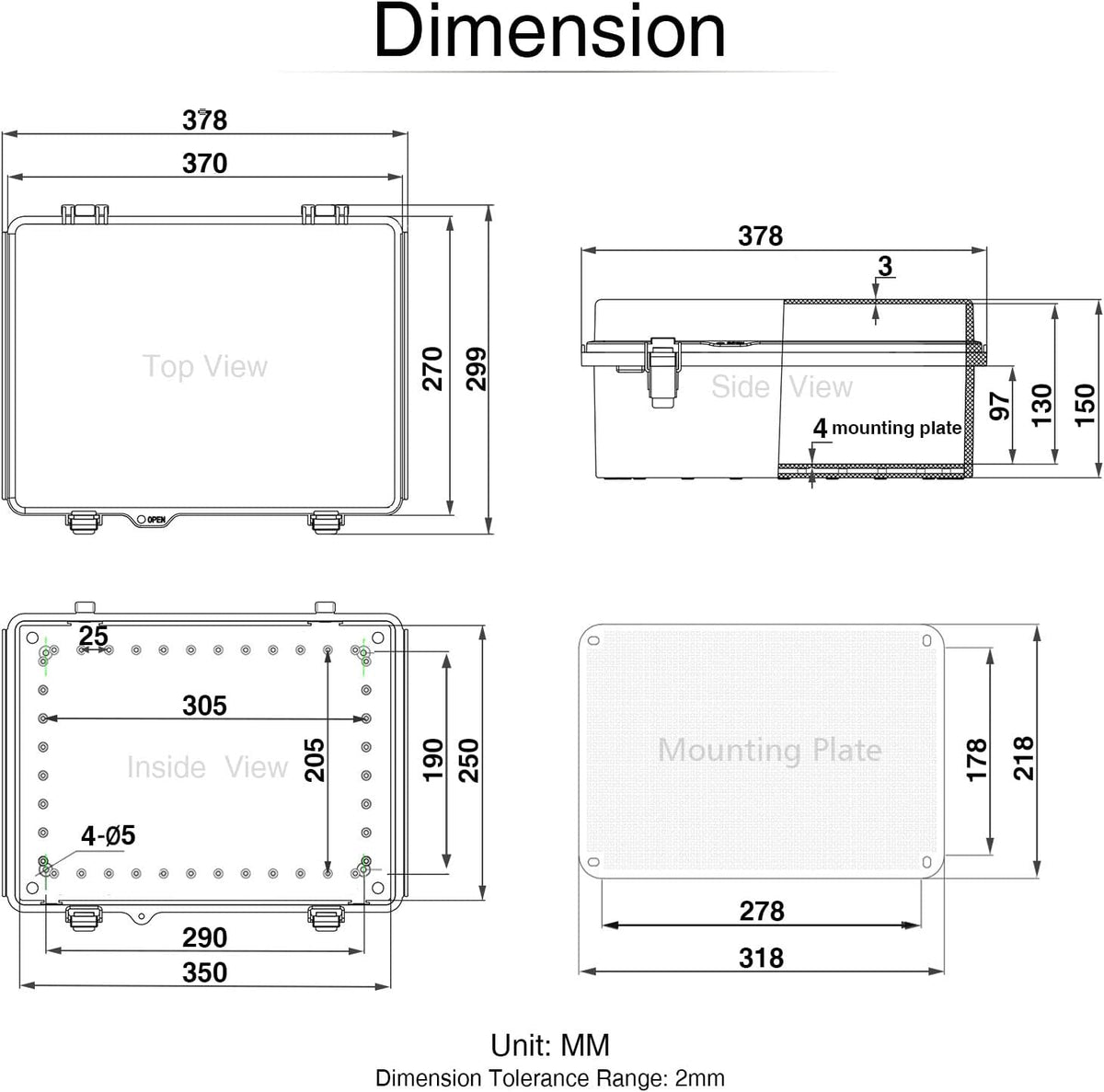 Hinged Cover Stainless Steel Latch Junction Box with Mounting Plate, ABS Plastic IP67 Waterproof Grey T23642