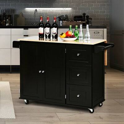 Black Drop-Leaf Kitchen Island Trolley Cart Wood Storage Cabinet L344
