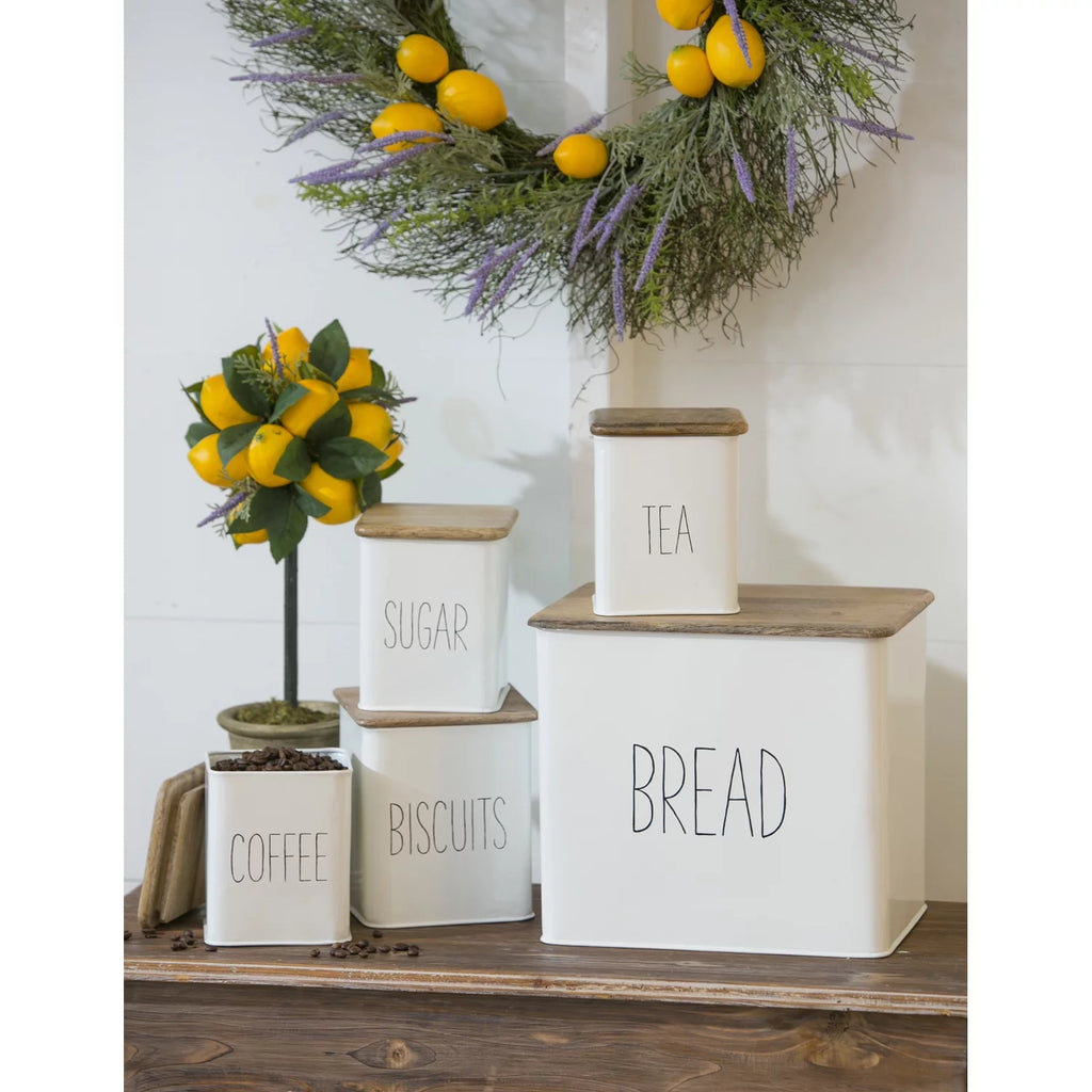 White 5 Piece Kitchen Canisters with Wooden Top Set C2721