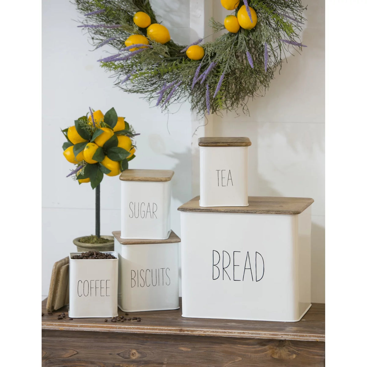 White 5 Piece Kitchen Canisters with Wooden Top Set C2721