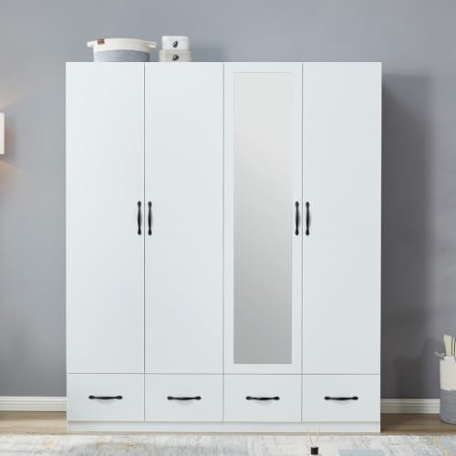 White 2 Door Wooden Wardrobe Closet with Storage Drawers O5913