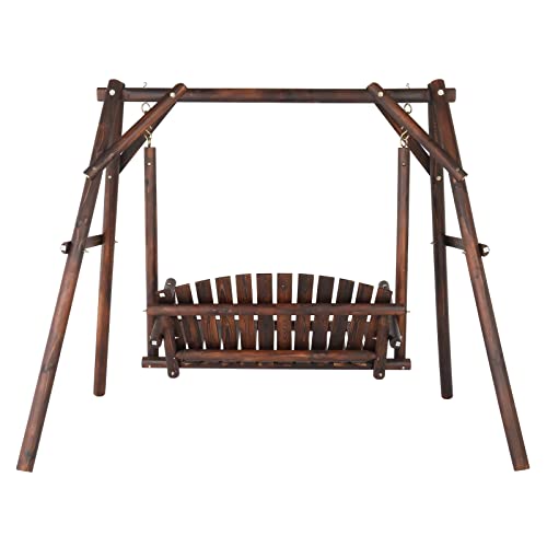 6.5' Outdoor Porch Swing Rustic Loveseat Solid Wooden Natural Log Garden Swing (Carbonized) R8192