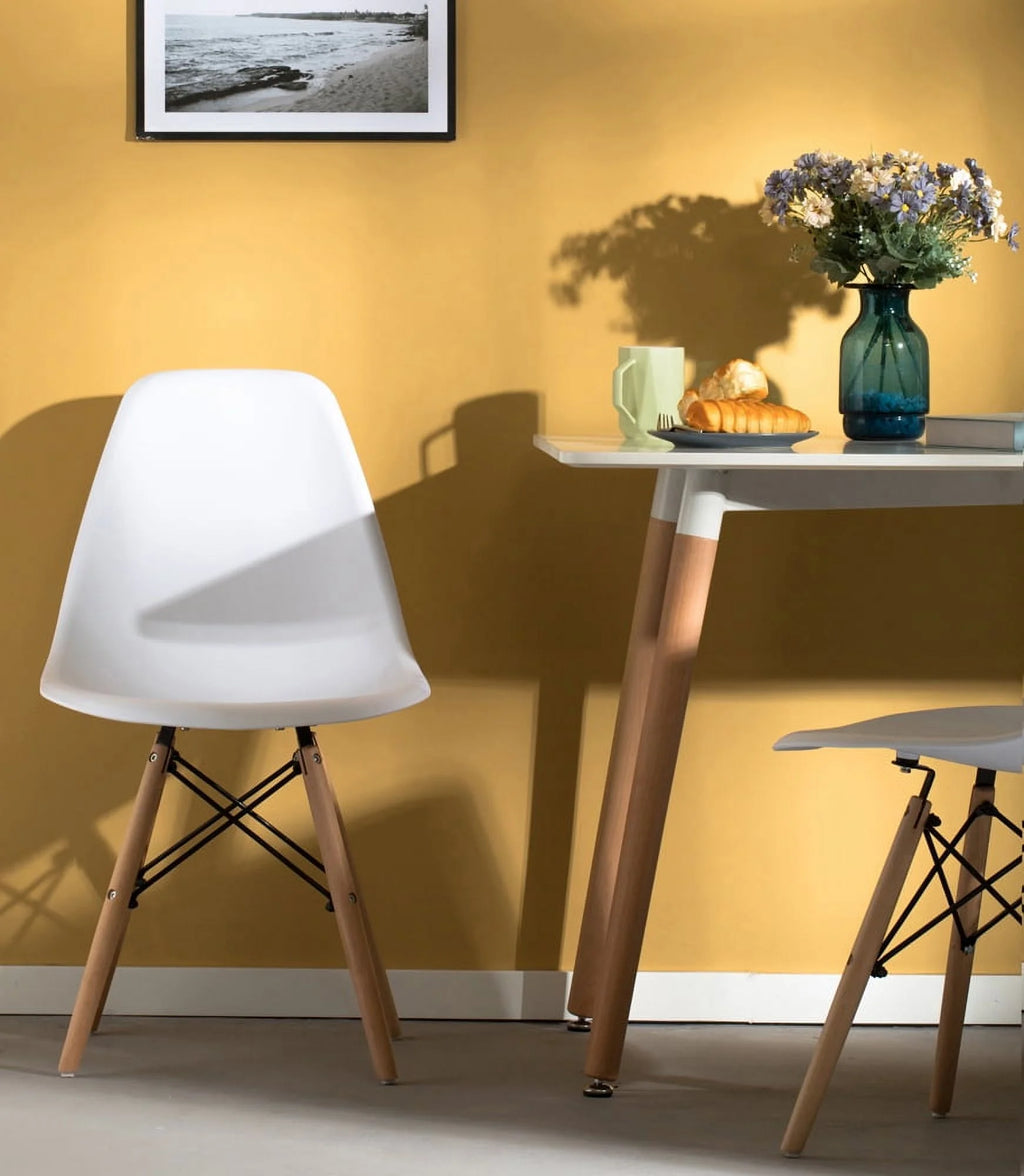 White Plastic Dining Chair with Solid Beech Wood Legs N7387