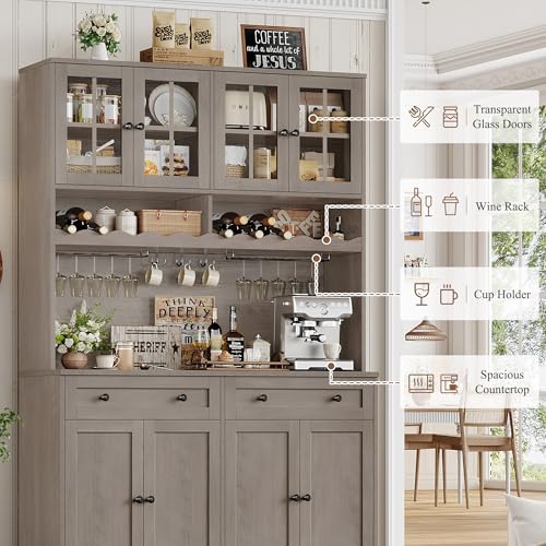 75.4" Tall White Kitchen Pantry Cabinet with Glass Doors and Drawers S9535