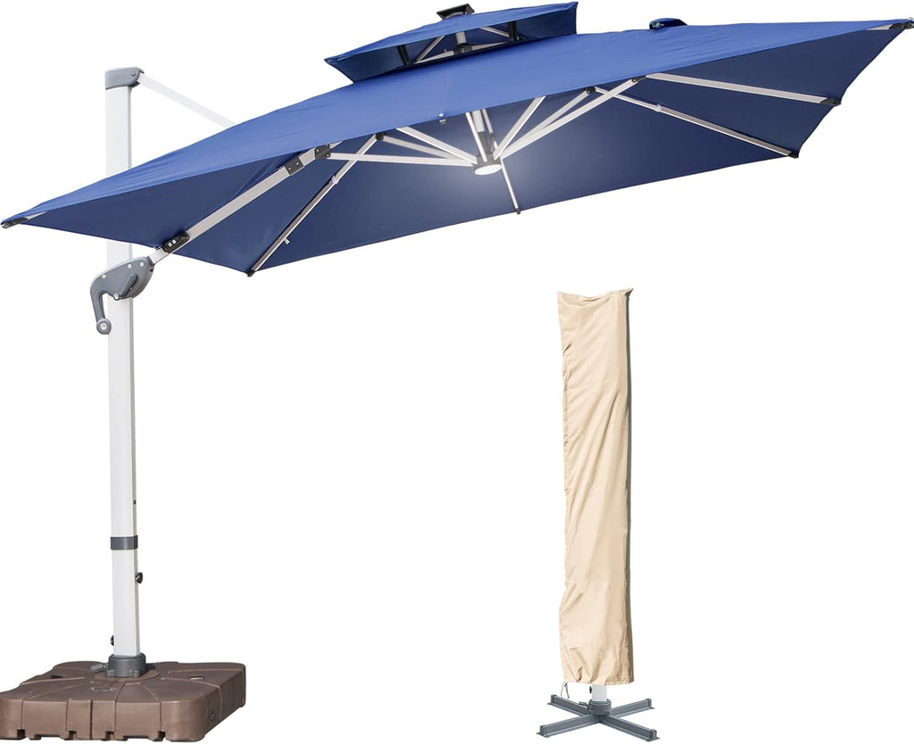 10 FT Square Cantilever Umbrella with Solar LED Lights and Cross Base, Beige S4425