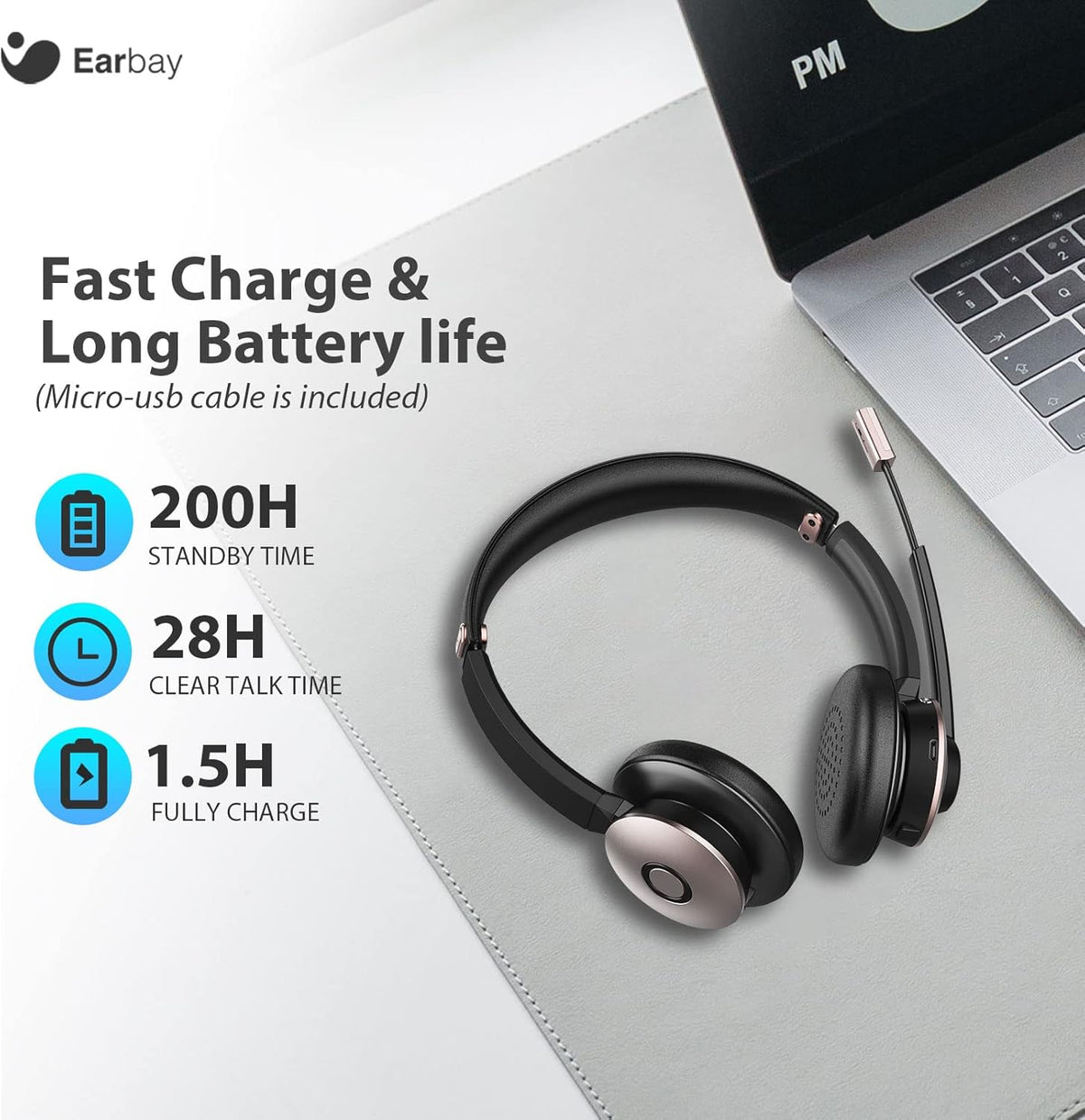 Wireless Bluetooth Headset with Microphone Noise Cancelling, On-Ear, USB Dongle, 28hrs Talk Time I1556