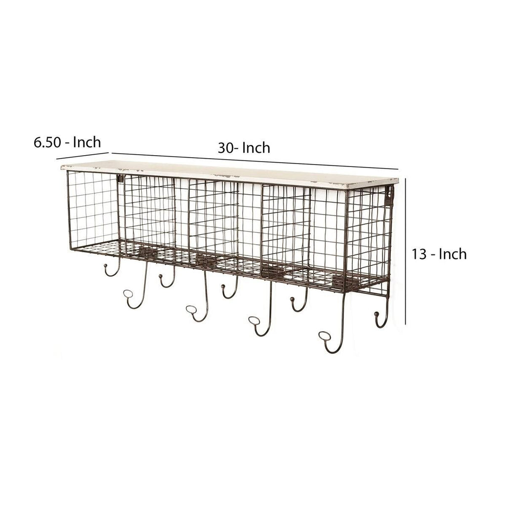 Brown and White Distressed Wood and Metal Wall Shelf with 4 Cubbies A61038