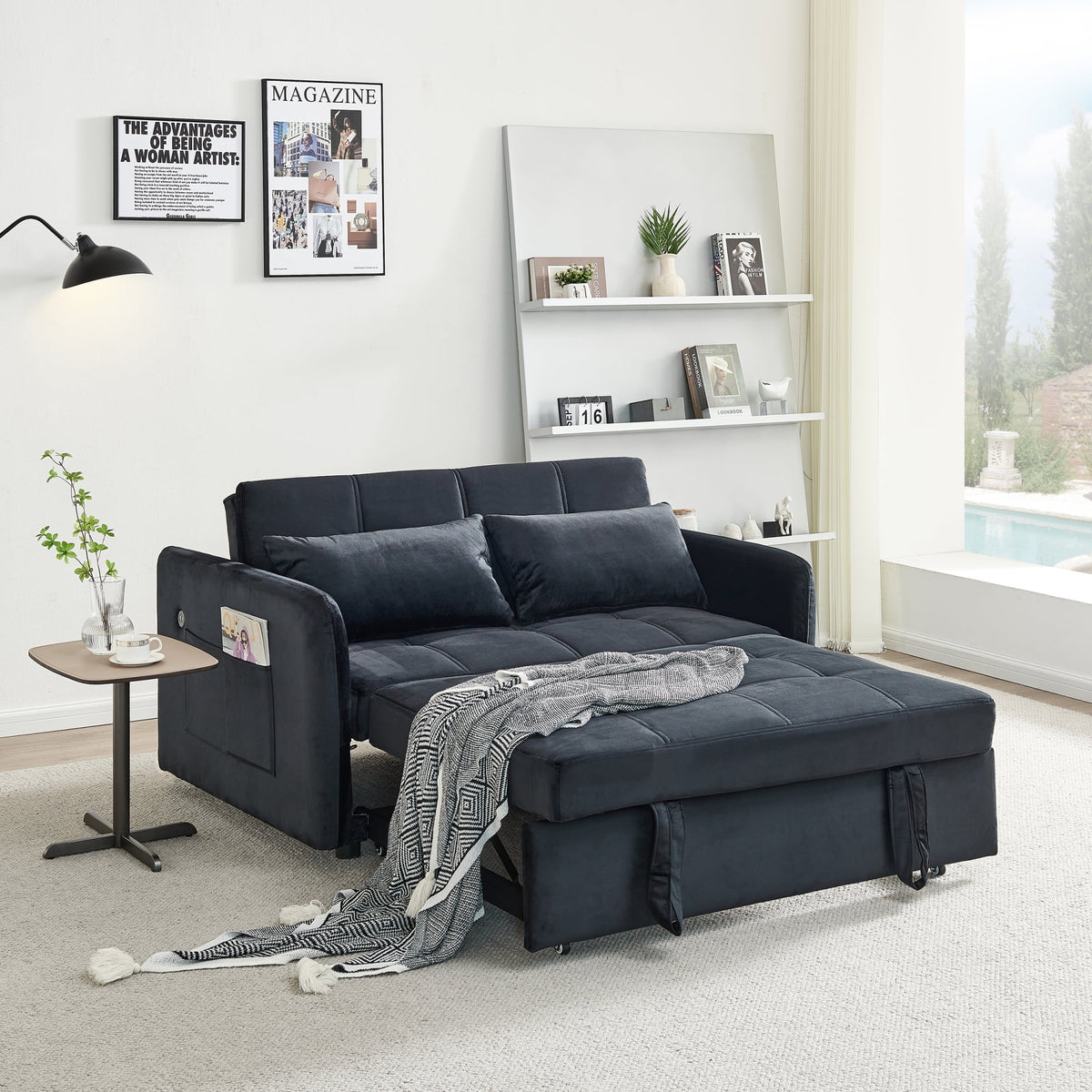 Black Velvet Pull Out Sofa Bed W393