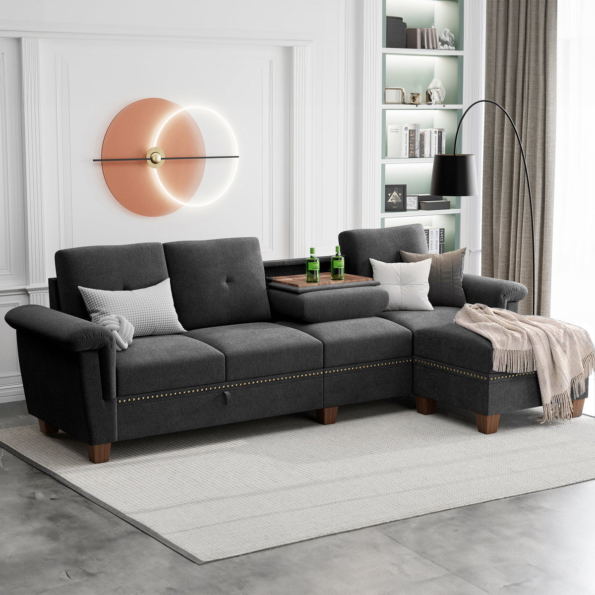 Dark Grey L Shaped Sectional Sofa with Storage Chaise P711047