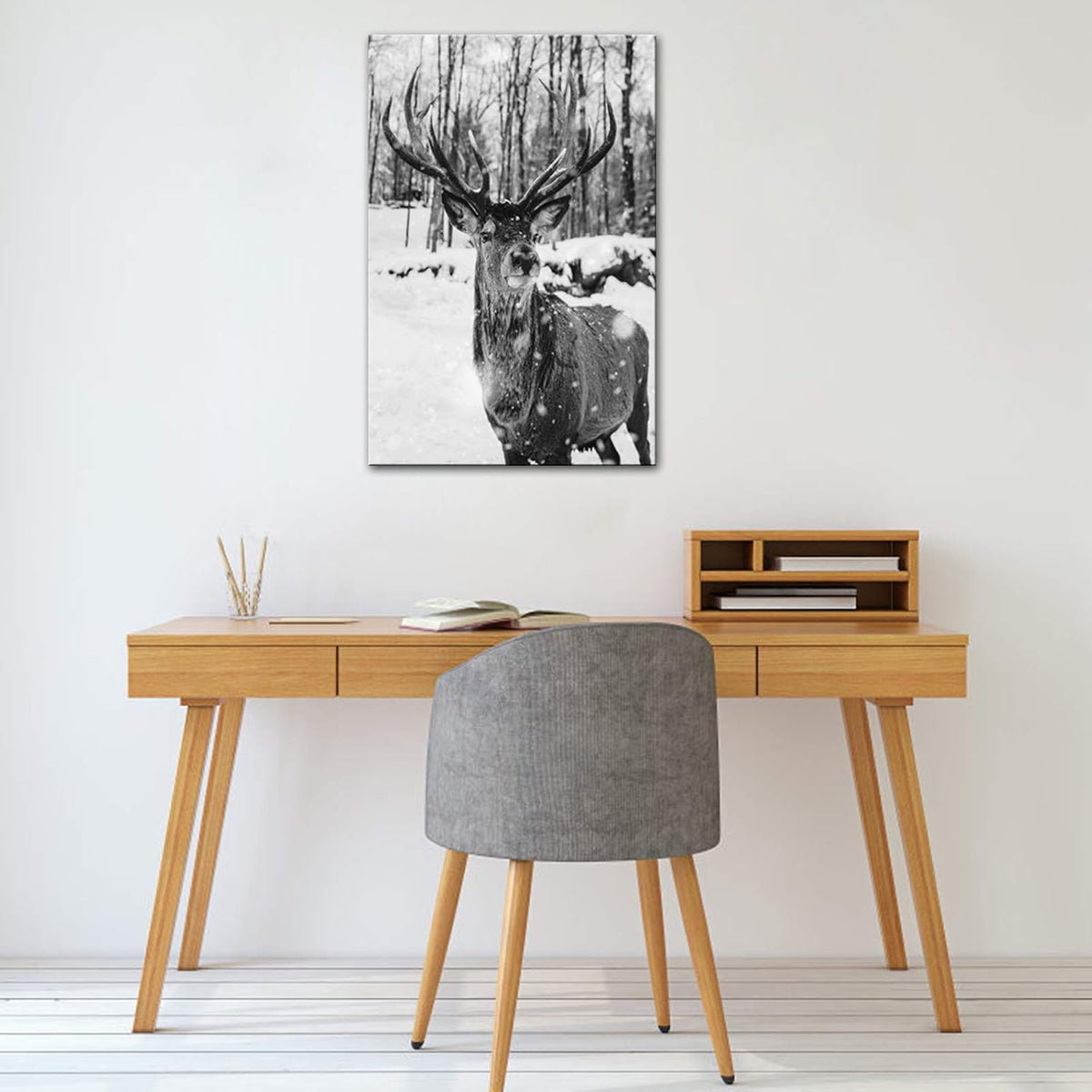 Black and White Deer in Winter Forest Canvas Print Wall Art W55429