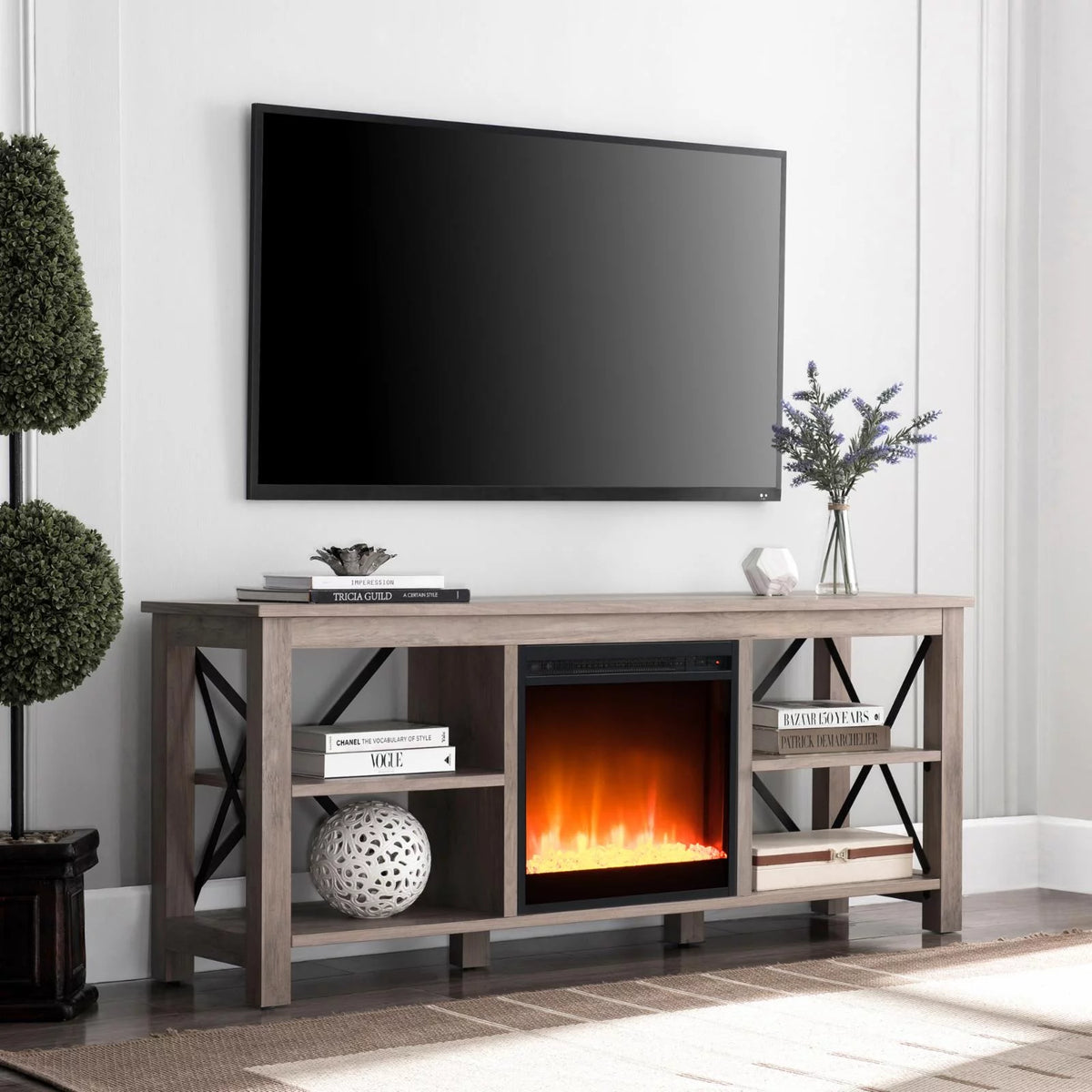 White Oak Electric Fireplace TV Stand with 2 Doors G30503