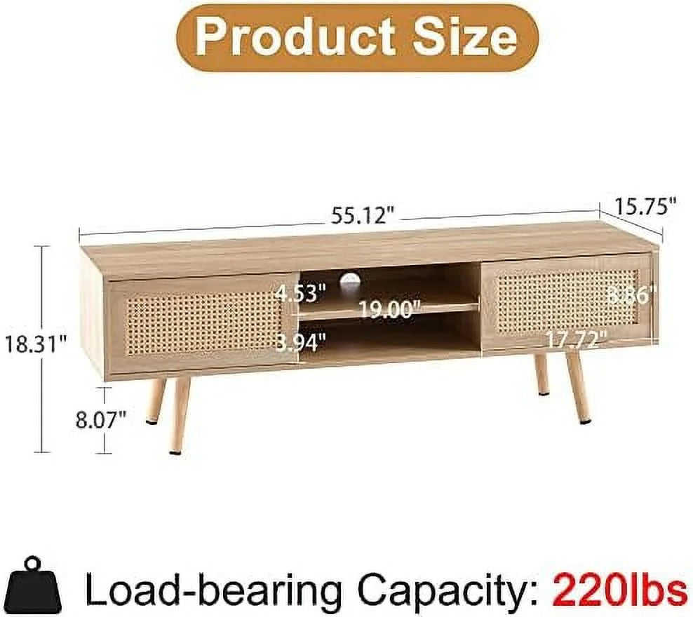 Mid Century 55.12 Inch Wooden TV Stand with Sliding PE Rattan Door H77127
