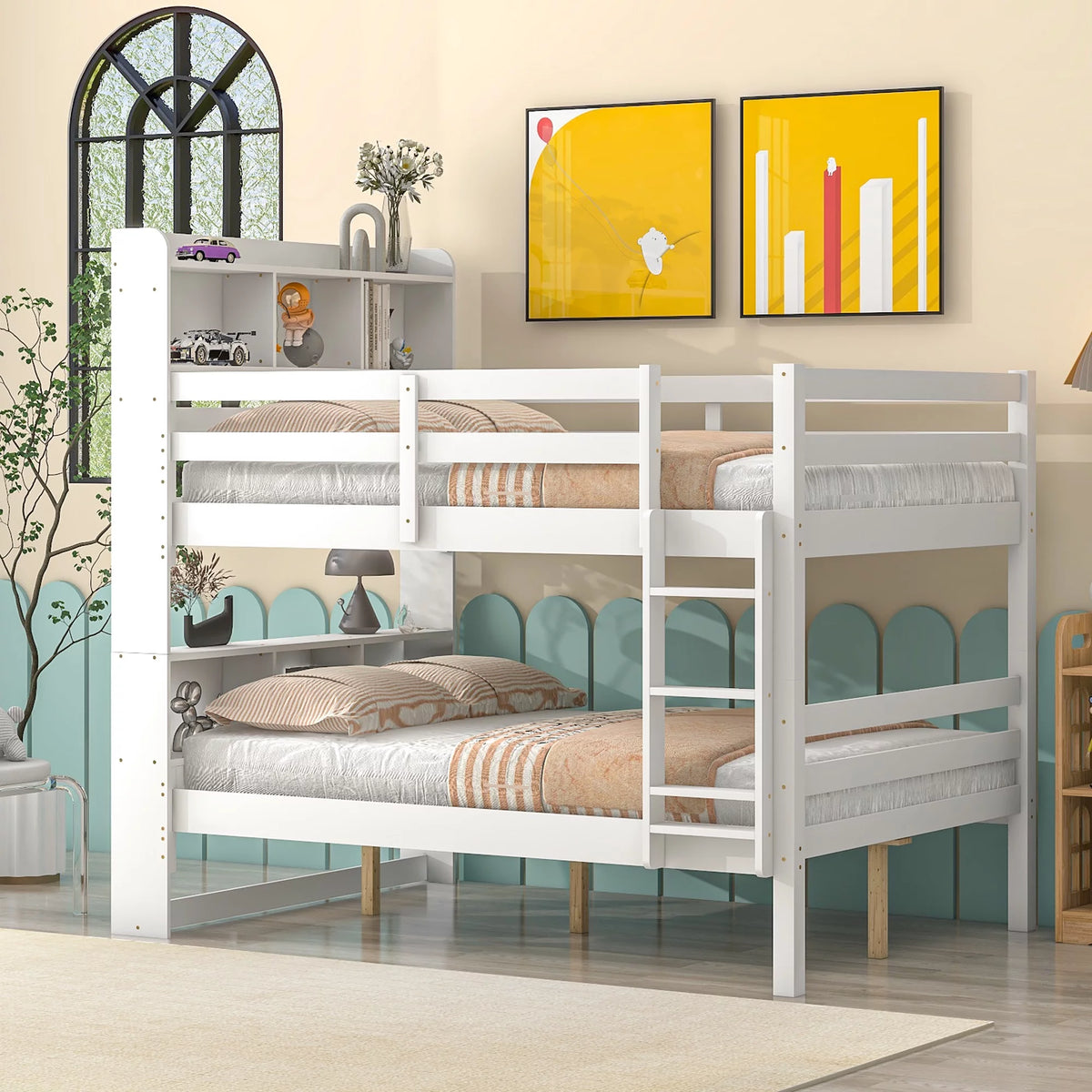 Full Over Full Bunk Beds with Bookcase Headboard Solid Wood Bed Frame with Safety Rail and Ladder White Z6846