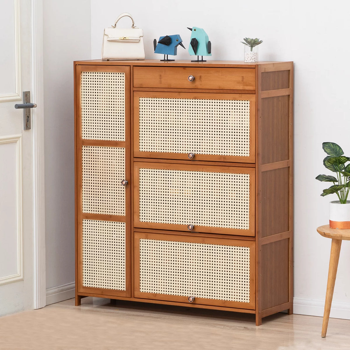 Bamboo 28 Pairs 6 Shelves Shoe Storage Cabinet with 4 Rattan Doors U355299