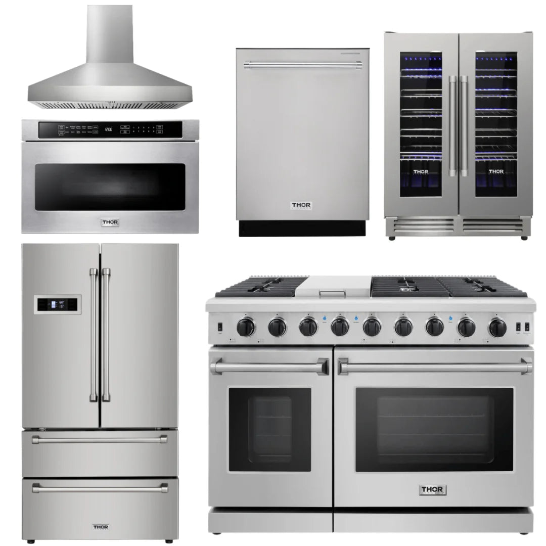 48 in. Propane Gas Range, Range Hood, Refrigerator, Dishwasher, Wine Cooler, Microwave R92213