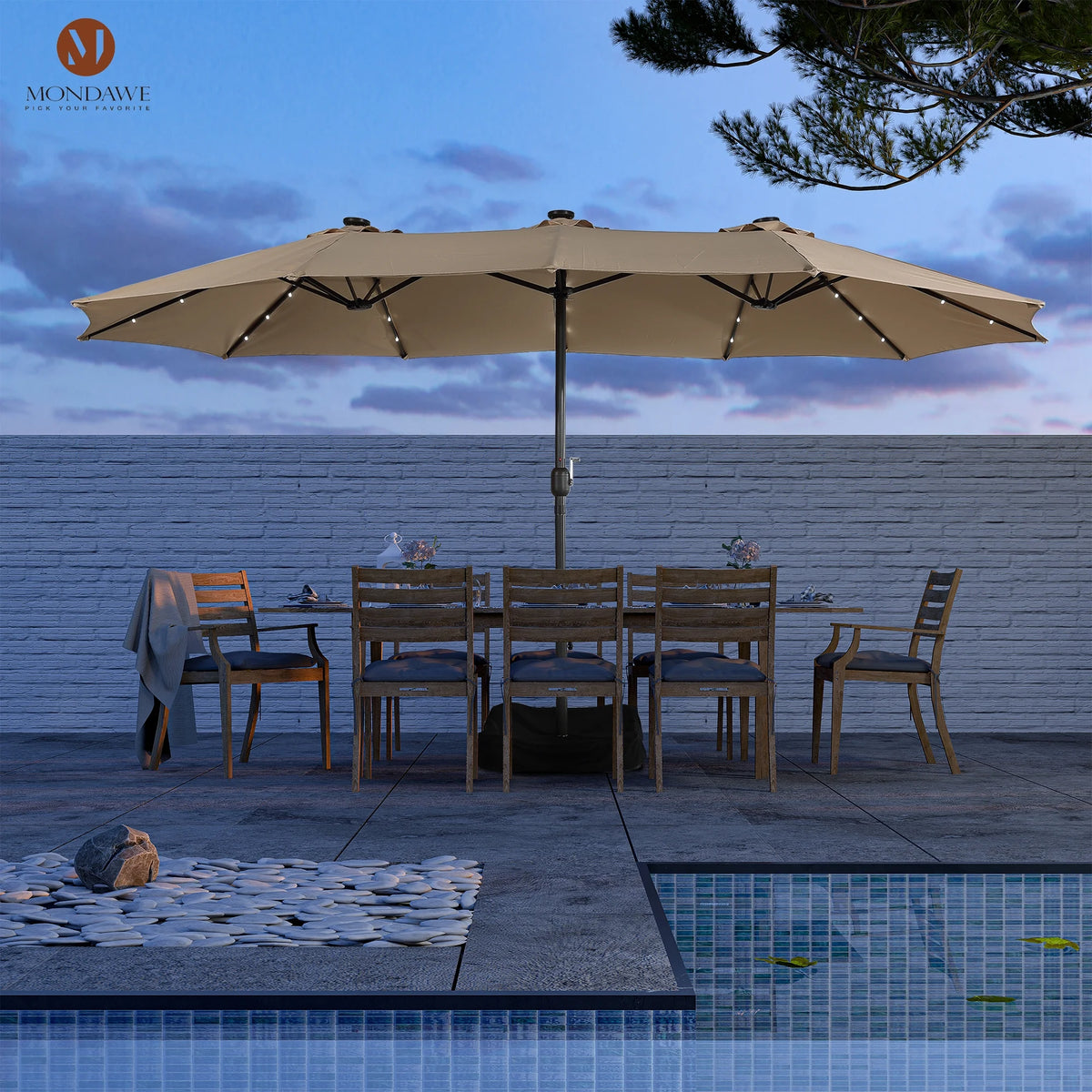15ft Double-Sided Patio Umbrella with Solar Lights and Base H253476