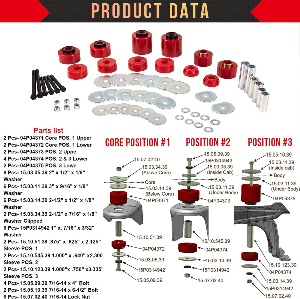 Red Polyurethane Body Mount Bushing Set Kit for Ford F150 F250 F350 G39108