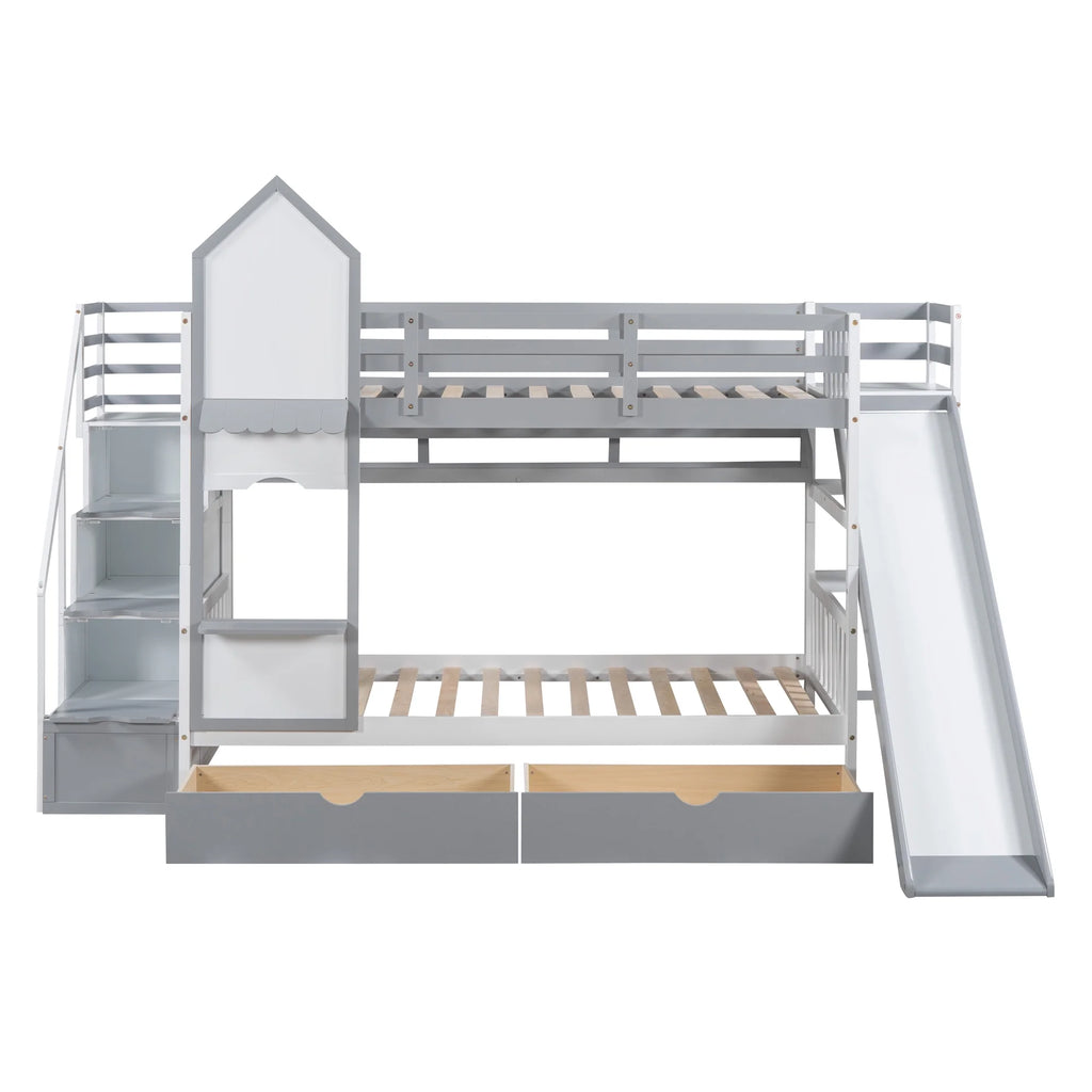 Twin Over Twin Bunk Bed with 2 Drawers and Slide, Gray T12265