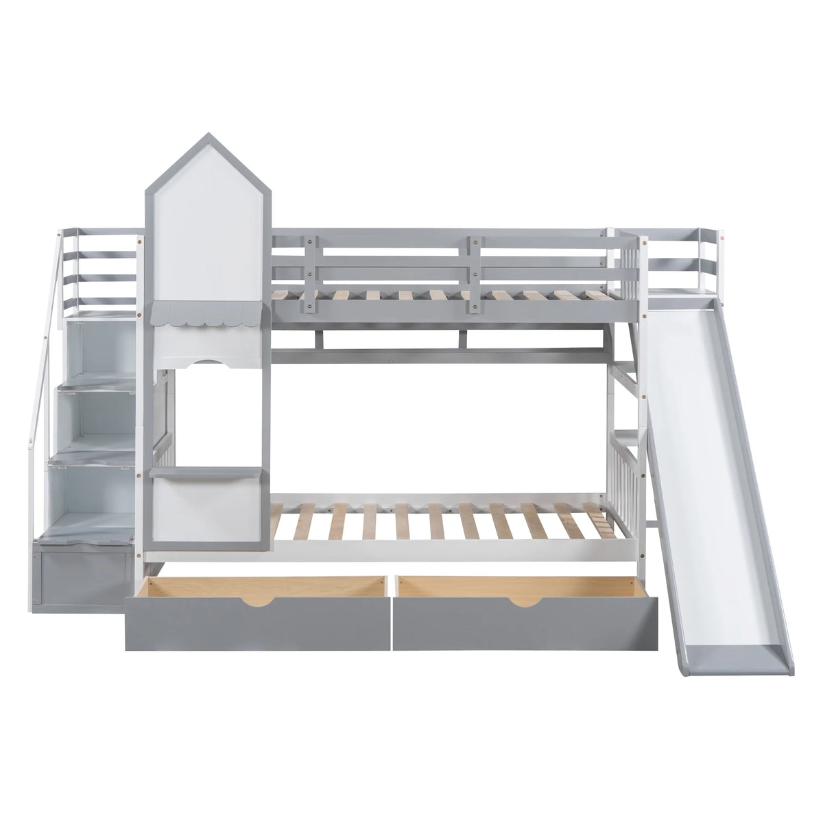 Twin Over Twin Bunk Bed with 2 Drawers and Slide, Gray T12265
