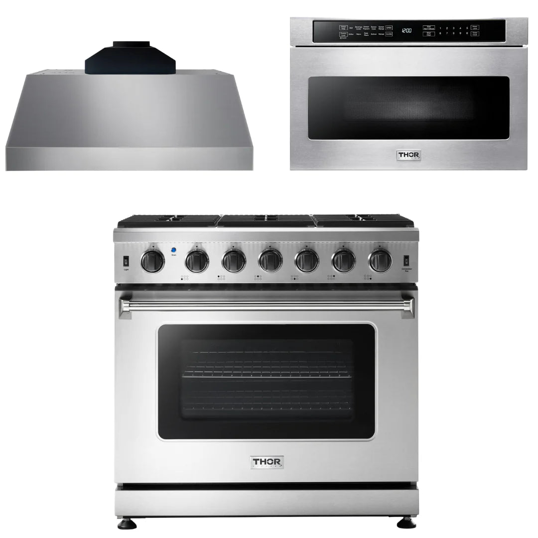 36 Inch Gas Range, Range Hood, Microwave R425