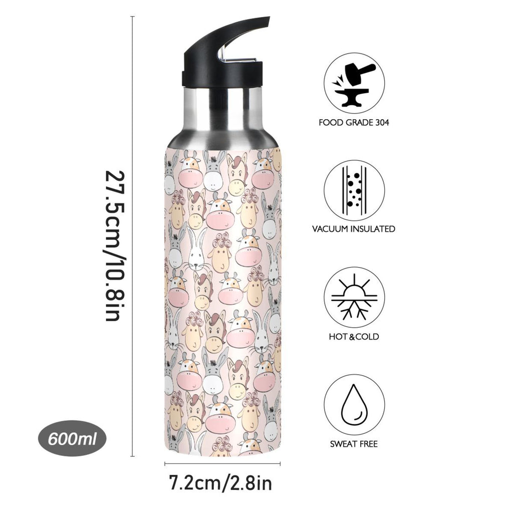 Cartoon Cow Insulated Stainless Steel Water Bottle with Straw Lid, 20 oz V798