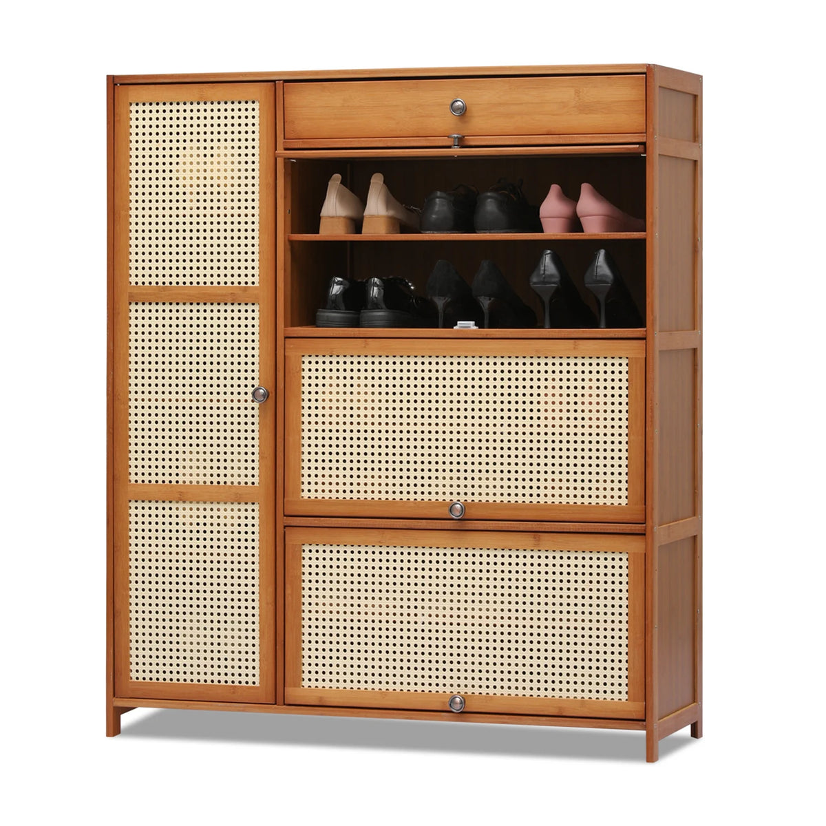 Bamboo 28 Pairs 6 Shelves Shoe Storage Cabinet with 4 Rattan Doors U355299