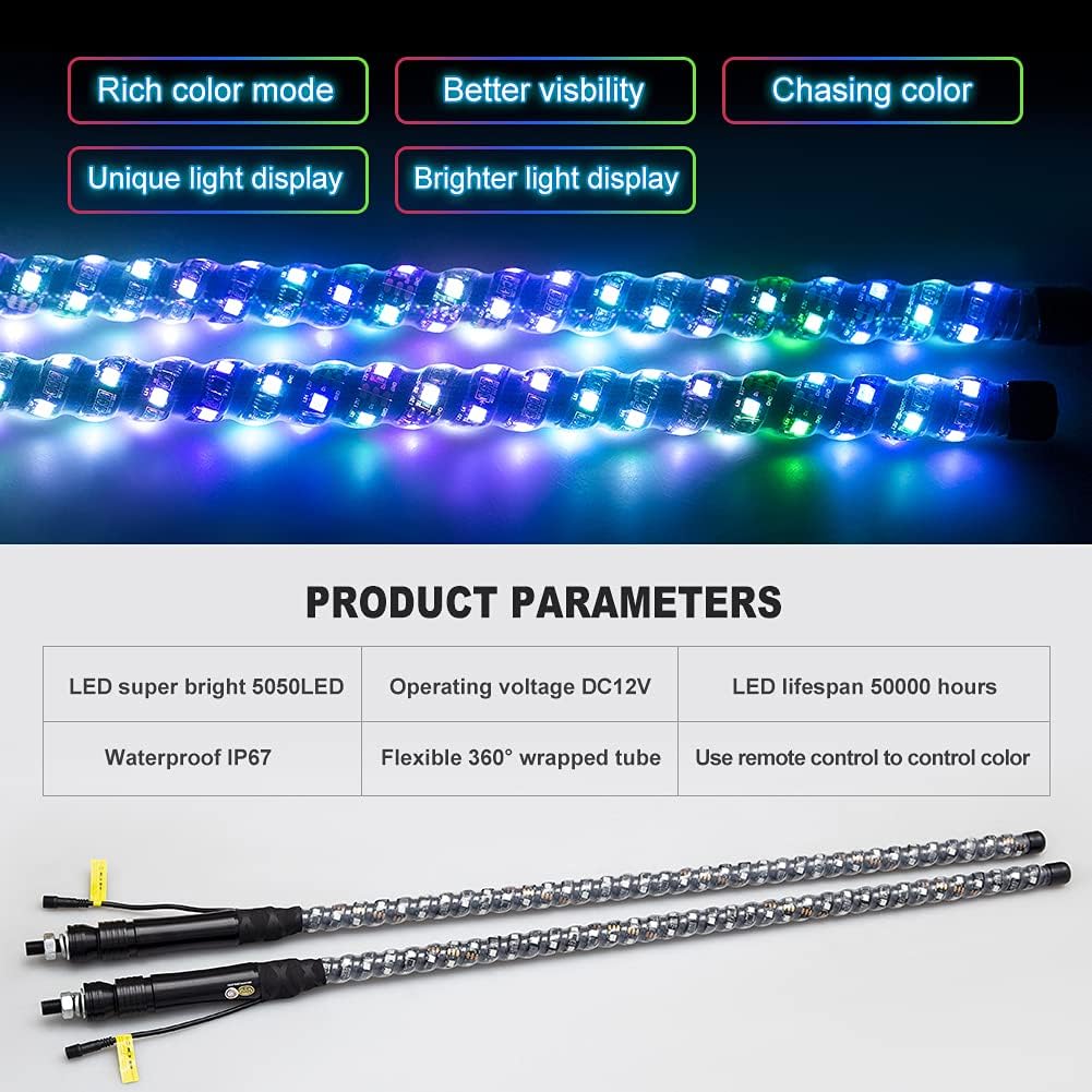 2pc 3ft LED Whip Lights RGB Spiral Whip Lights with Remote Control I8068