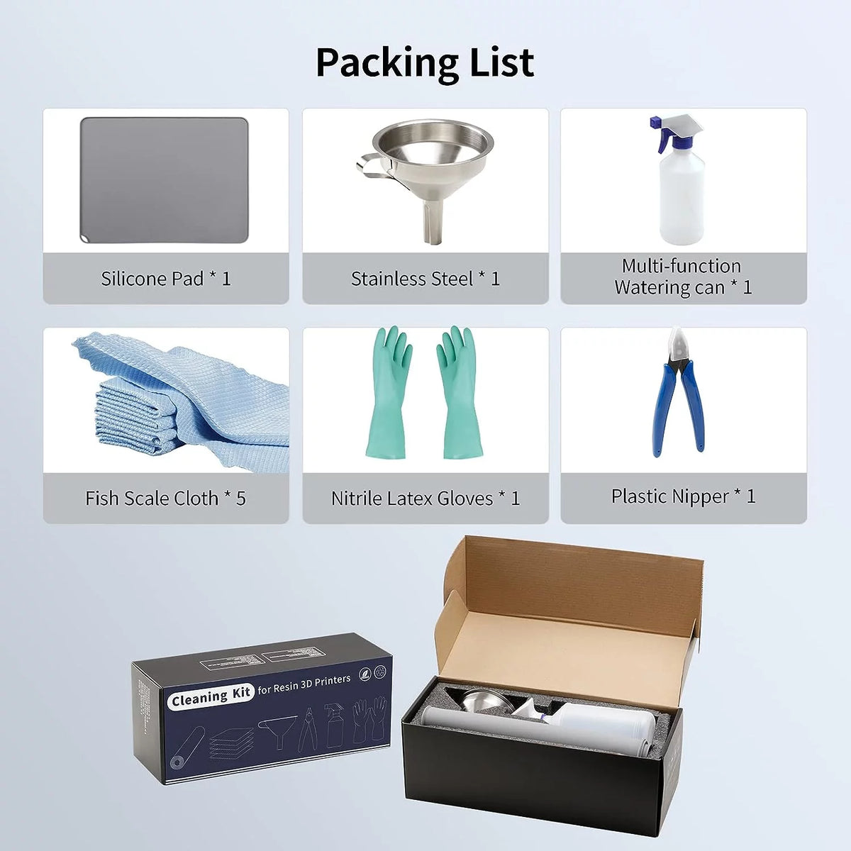 3D Printer Tool Kits with Silicone Pad, Resin Filter, Water Bottle, Cloth, Gloves, Nipper A3759