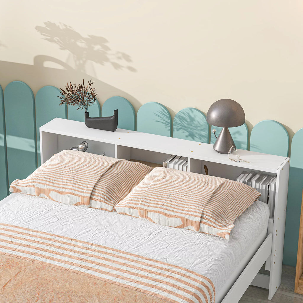 Full Over Full Bunk Beds with Bookcase Headboard Solid Wood Bed Frame with Safety Rail and Ladder White Z6846