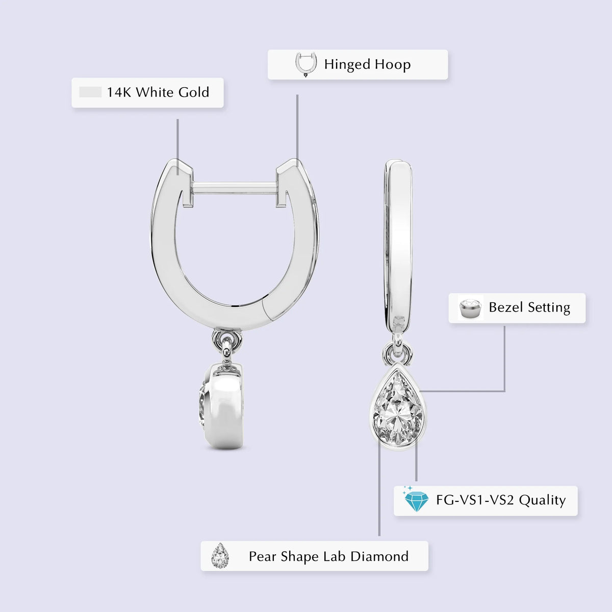 1 Carat Pear Shape Lab Grown Diamond Dangle Earring in 14K White Gold N164250