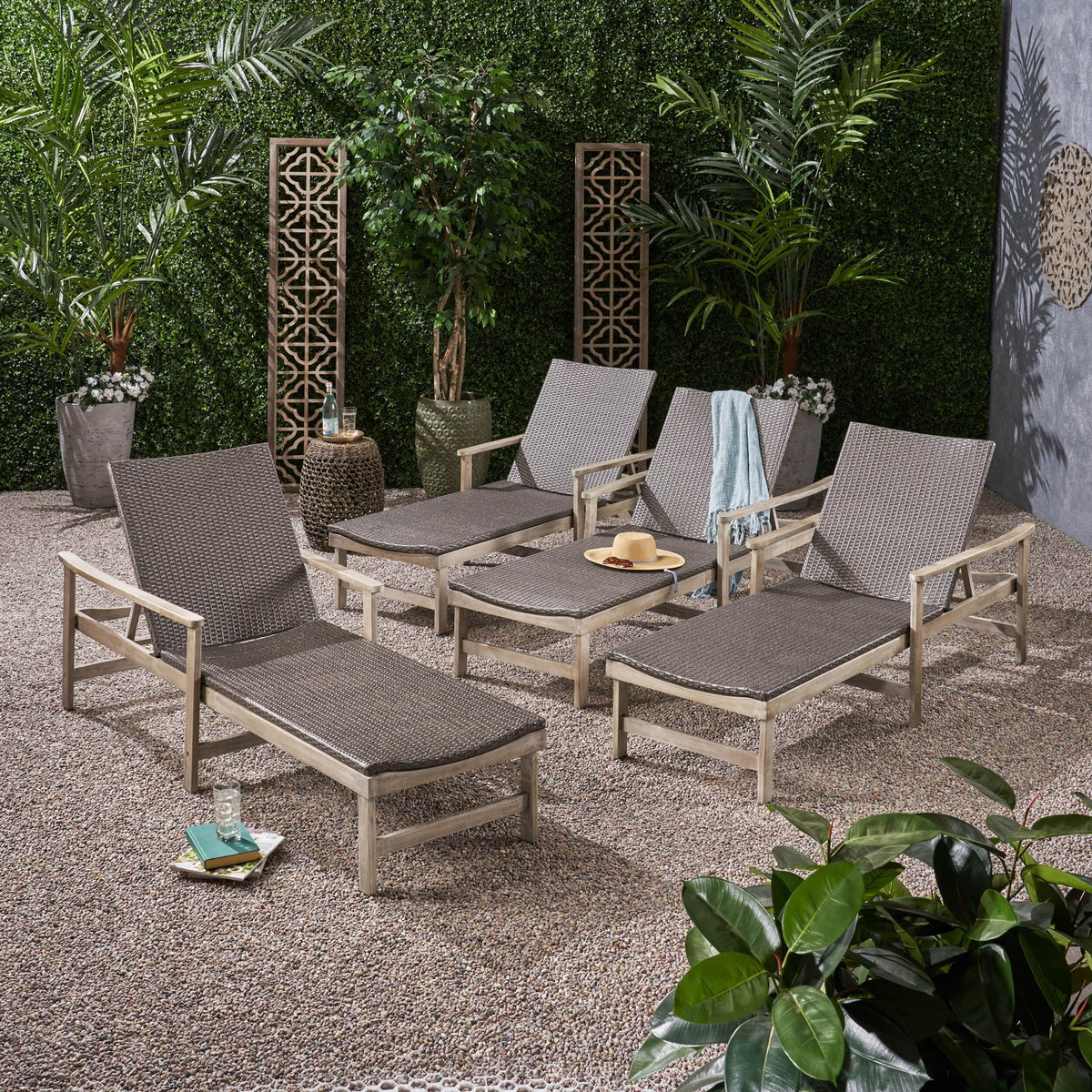 Rustic Acacia Wood Chaise Lounge with Wicker Seating Set of 4 M573