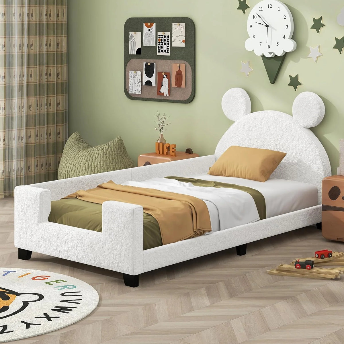 White Upholstered Bed with Bear Shaped Headboard I434156