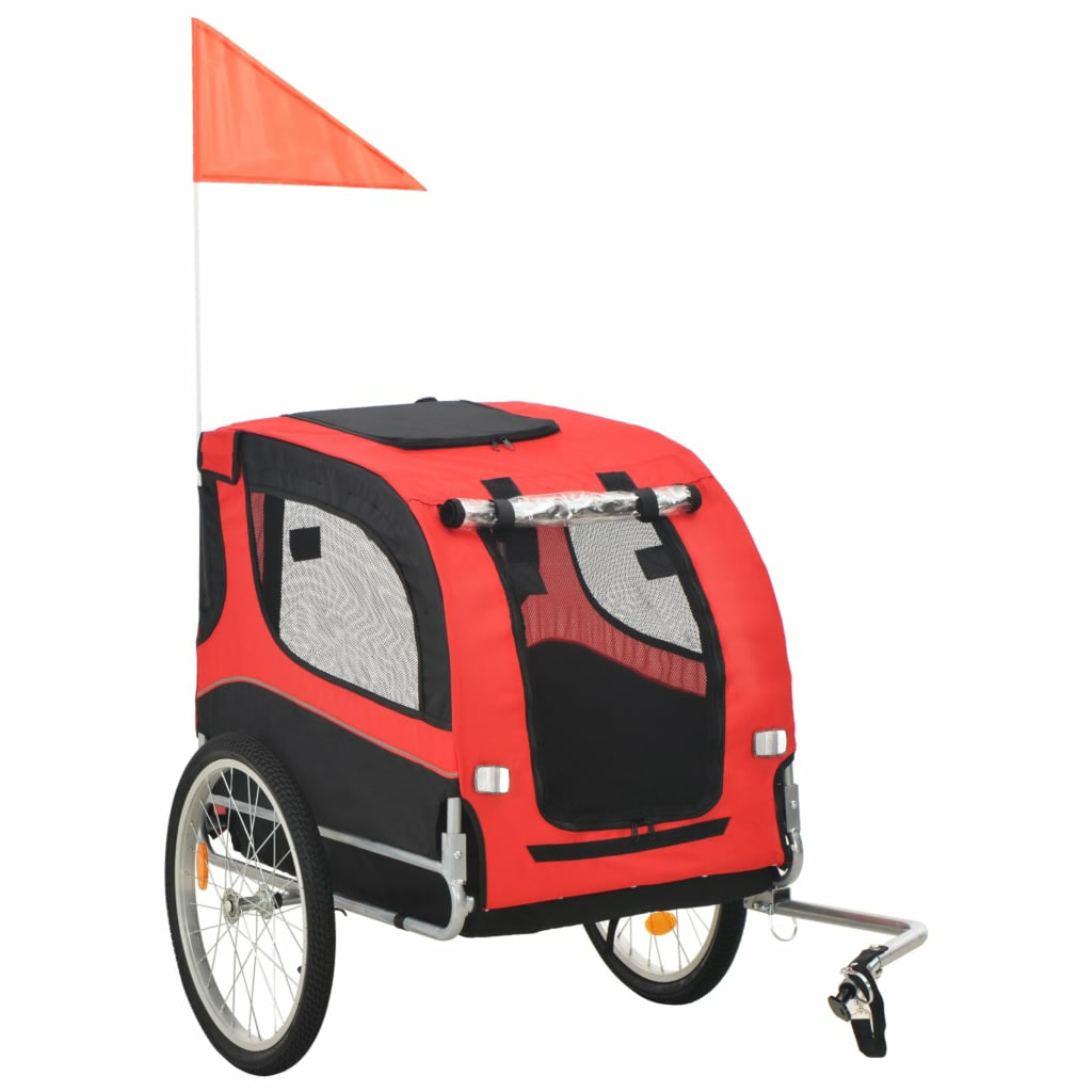 Red Black Folding Dog Bike Trailer with Mesh Windows and Safety Flag E56563