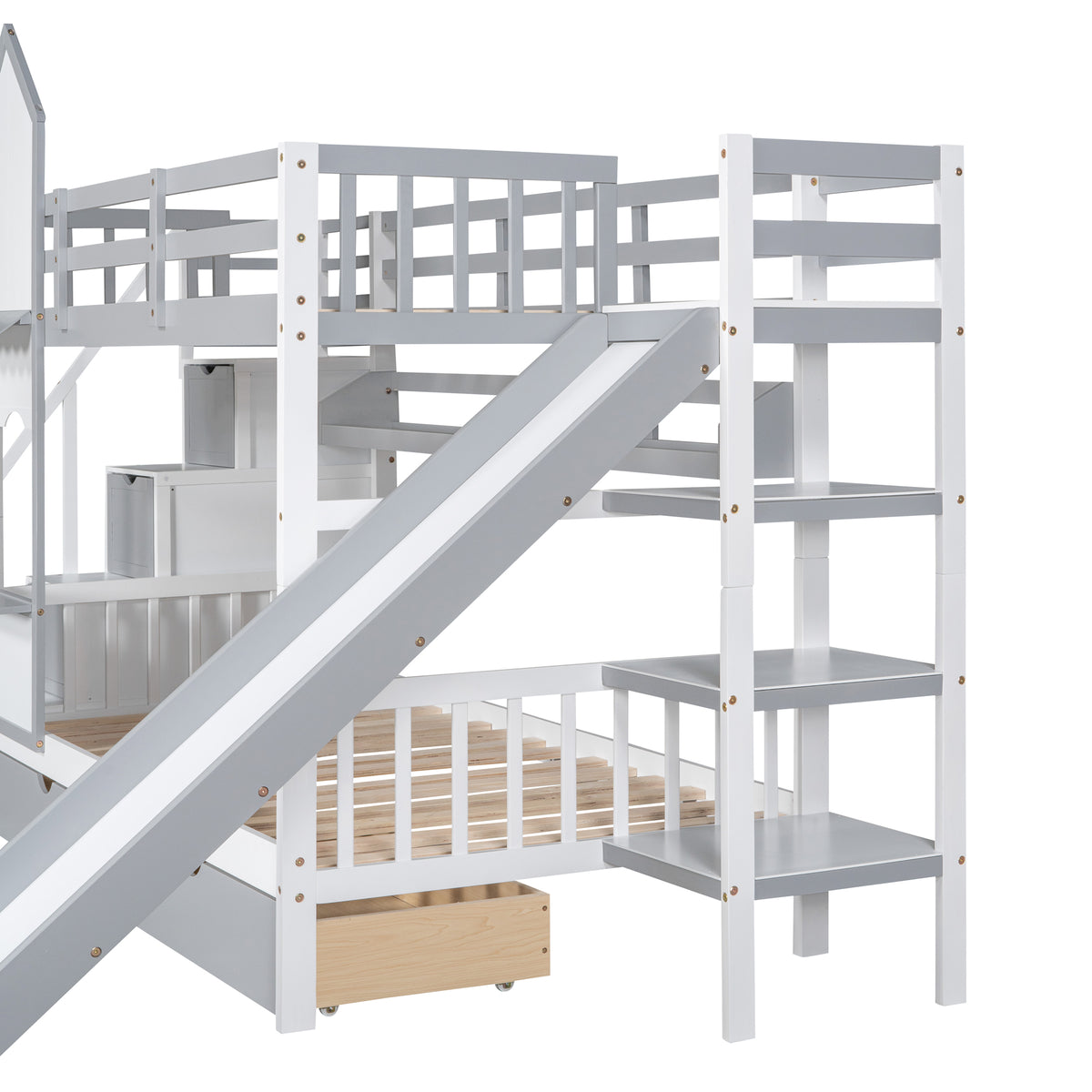 Twin Over Twin Bunk Bed with 2 Drawers and Slide, Gray T12265
