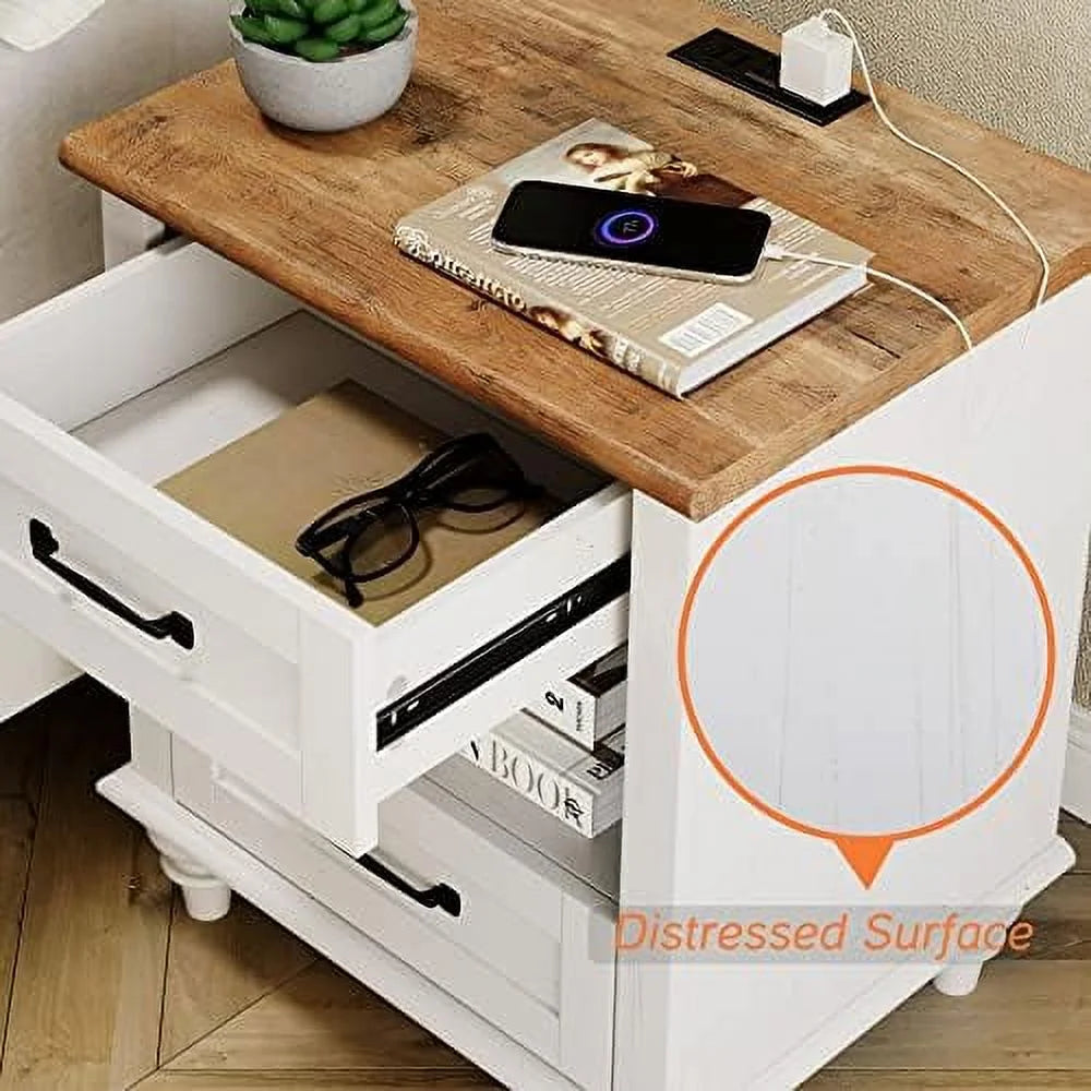 Farmhouse End Tables with Charging Station 2 Drawers Oak S877