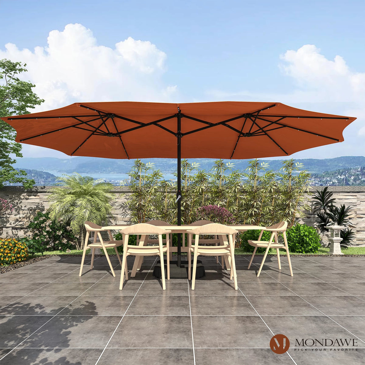 15ft Double-Sided Patio Umbrella with Solar Lights and Base H253476