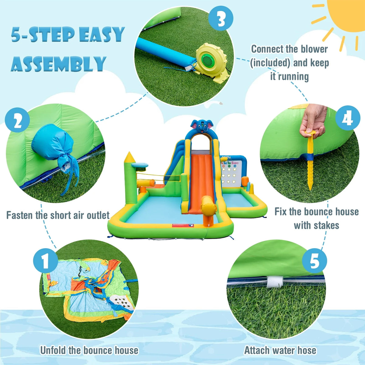 Inflatable Water Slide 9-in-1 Water Park with Splash Pool Q35738