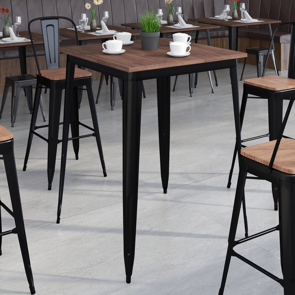 31.5" Square Black Metal Bar Height Table with Walnut Rustic Wood Top P4169