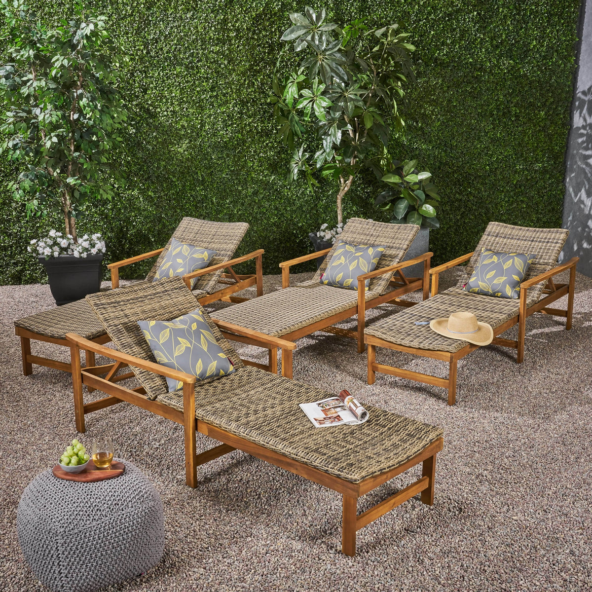 Rustic Acacia Wood Chaise Lounge with Wicker Seating Set of 4 M573