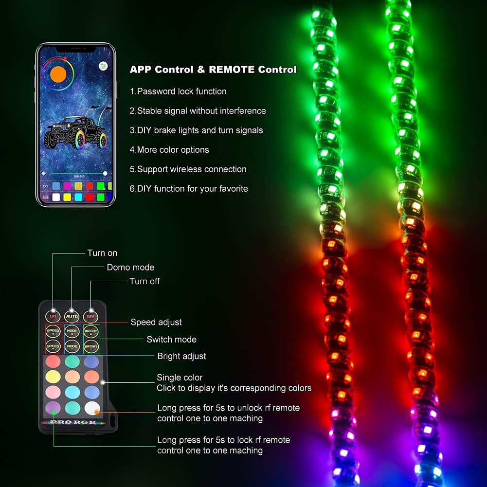 2pc 3ft LED Whip Lights RGB Spiral Whip Lights with Remote Control I8068