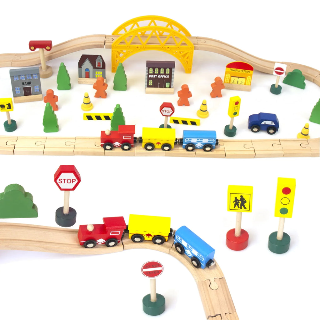 60Pcs Double-Side Wooden Train Set Q4930