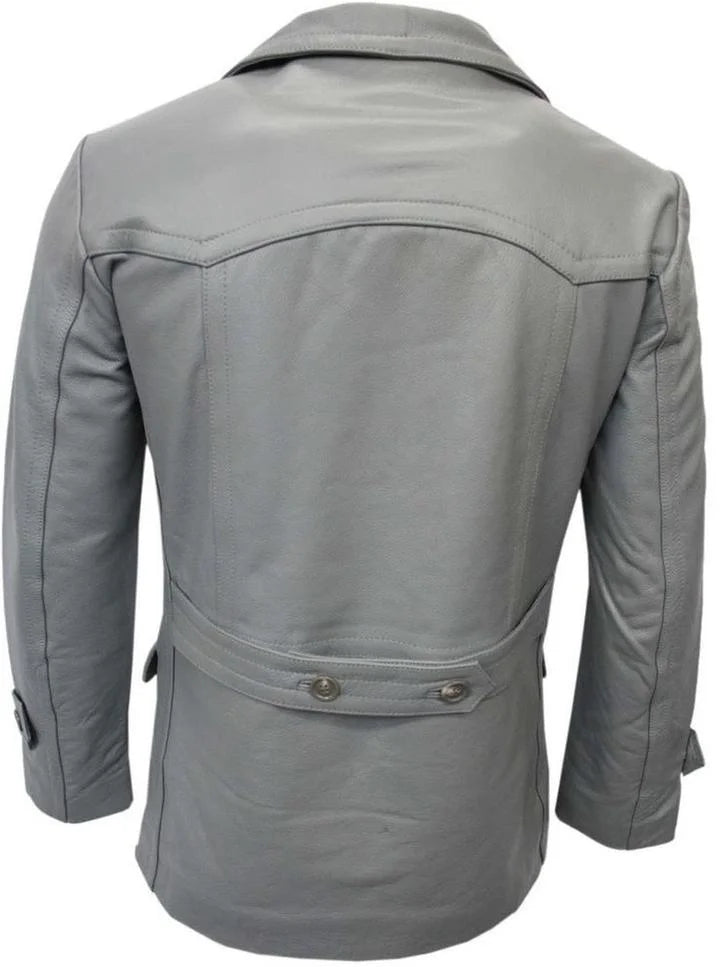 Grey Leather Pea Coat Blazer P14797
