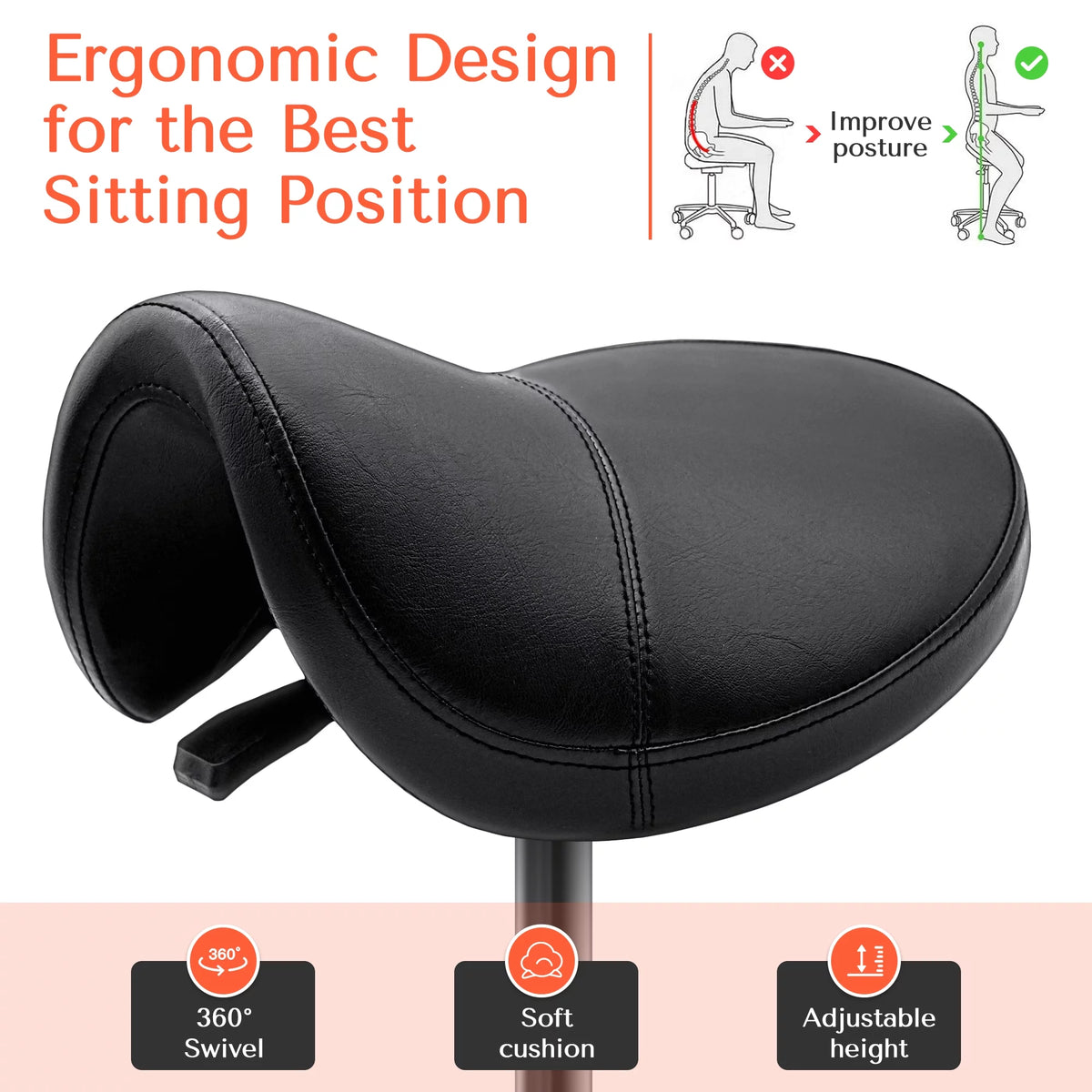 Black Ergonomic Saddle Stool with Wheels B1385