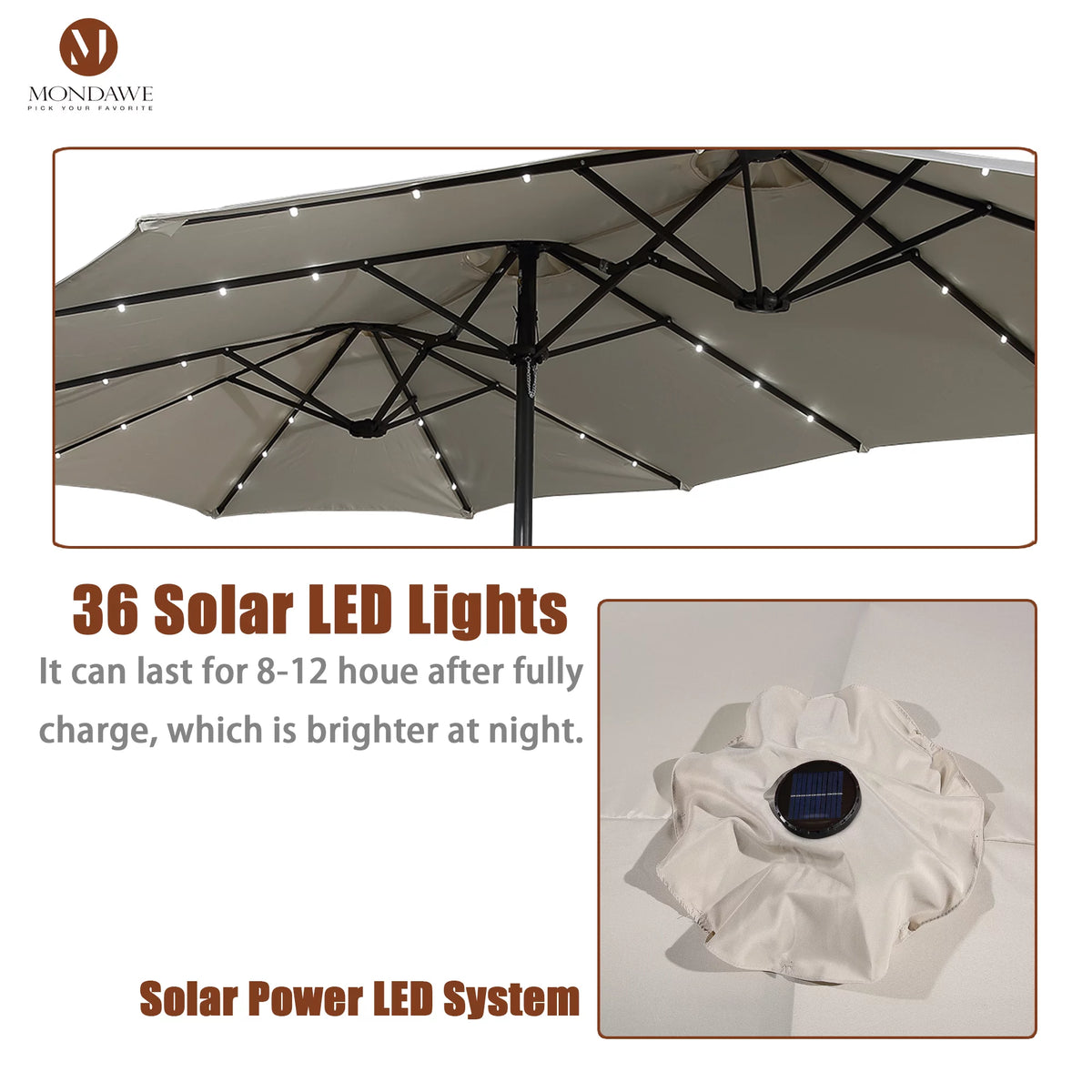 15ft Double-Sided Patio Umbrella with Solar Lights and Base H253476
