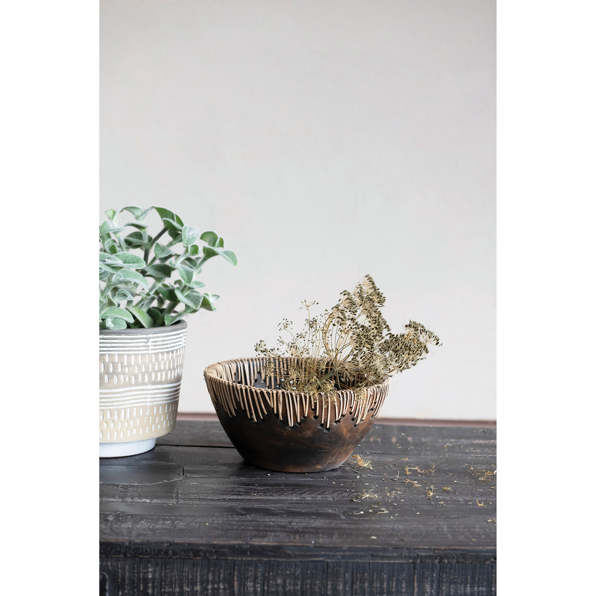 Brown Terra Cotta Bowl with Rattan Stitching J625
