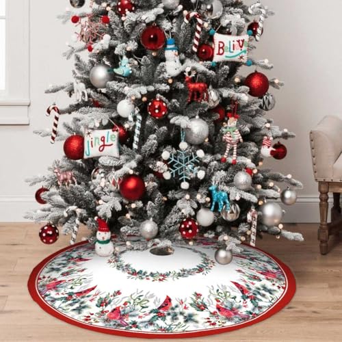 Christmas Tree Skirt 36 Inches Red Poinsettia Floral Holly Leaves White P4512