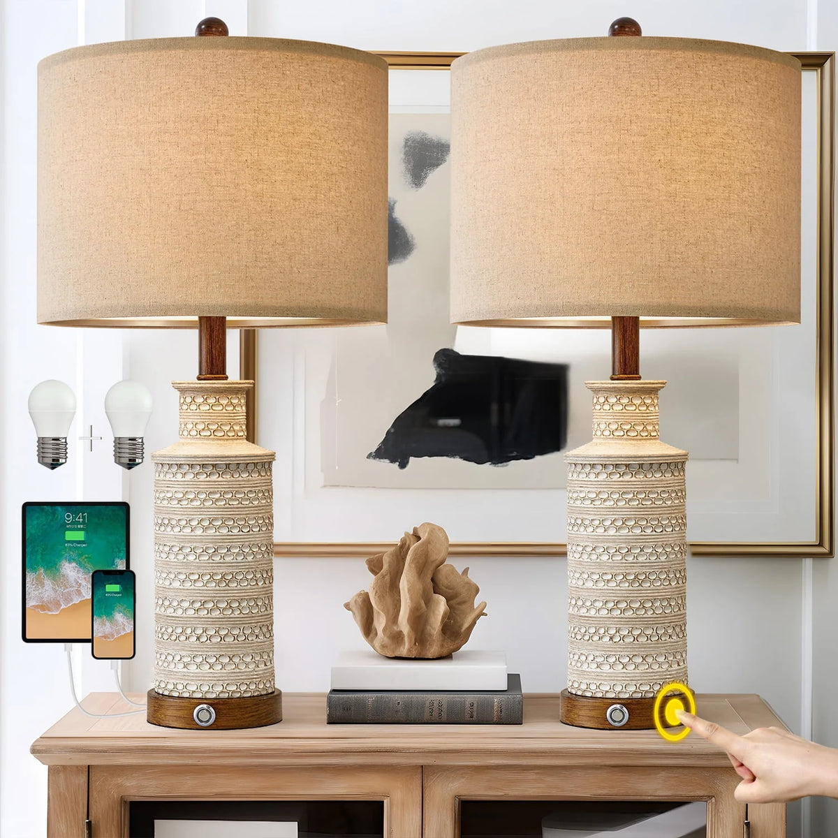 3 Way Dimmable Table Lamp Set of 2 with USB Ports H74914