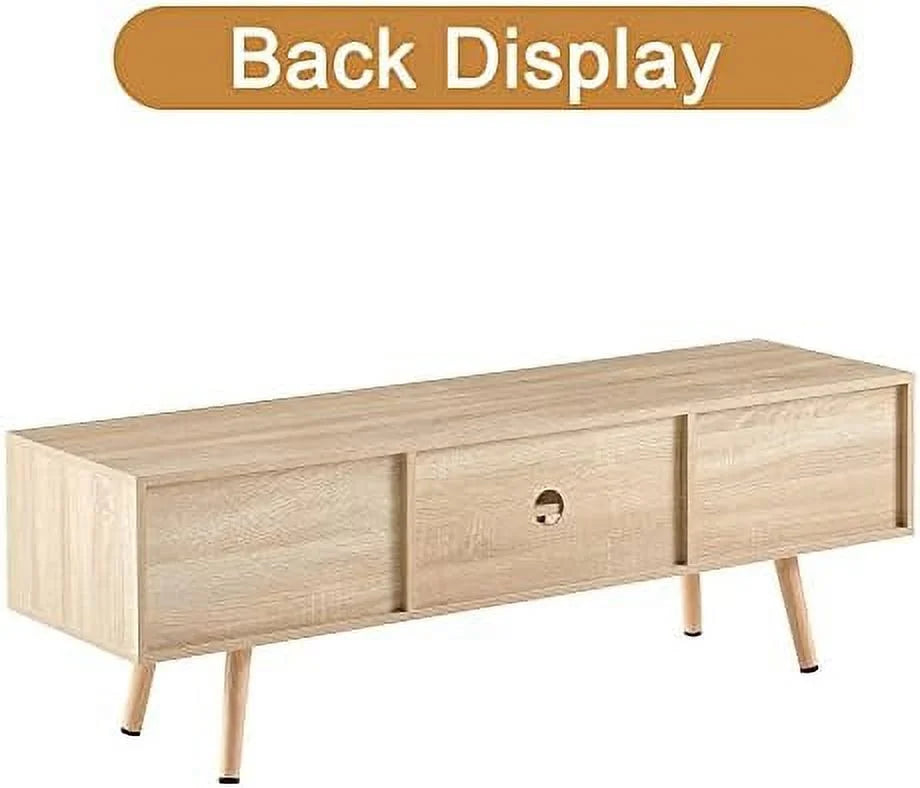 Mid Century 55.12 Inch Wooden TV Stand with Sliding PE Rattan Door H77127